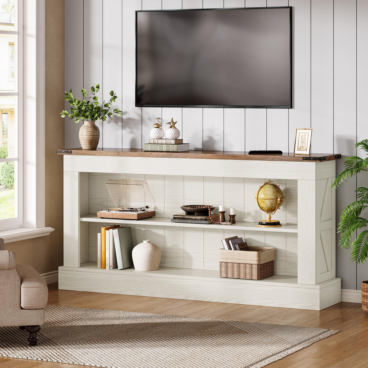 Tribesigns 63-Inch Long Console Table for Entryway, Narrow Long Entry Table with Shelves for Living Room, Farmhouse Sofa Console Behind Couch, for Foyer, Hallway, White and Brown Tribesigns