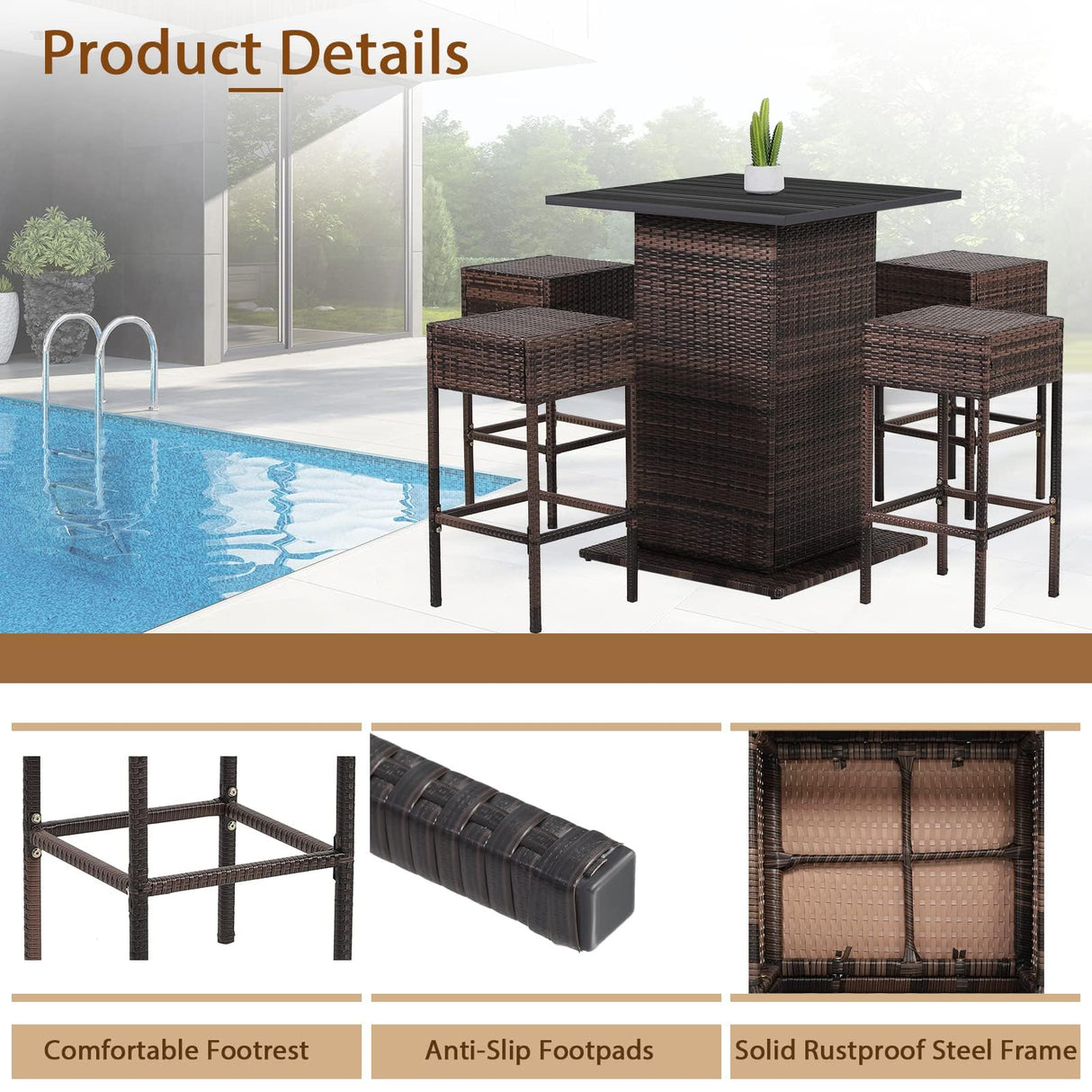 HAPPYGRILL 5 Pieces Rattan Bar Set, Outdoor Wicker Bar Table and 4 Bar Stools, Heavy-Duty Steel Frame, Patio Bar Furniture Set with Cushions HAPPYGRILL