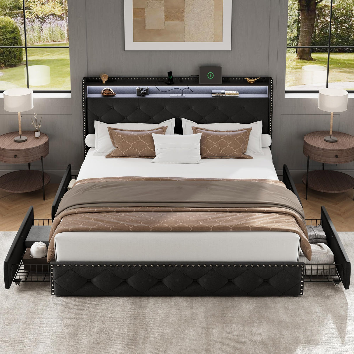 LARMACE Queen Size Bed Frame with Storage & LED Lights & USB Charging Station, Velvet Upholstered Platform Bed with Headboard and 4 Drawers, No Box Spring Needed, Easy Assembly, Black LARMACE