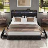 LARMACE Queen Size Bed Frame with Storage & LED Lights & USB Charging Station, Velvet Upholstered Platform Bed with Headboard and 4 Drawers, No Box Spring Needed, Easy Assembly, Black LARMACE