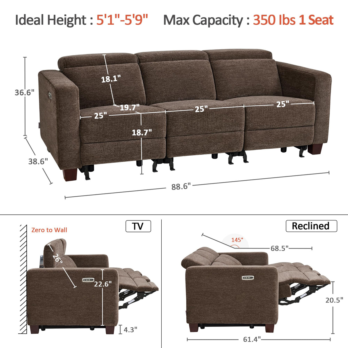 MCombo Zero Wall Recliner Sofa, Power Reclining Sofa, Wall Hugger Power Recliner Sofa with Adjustable Headrest, USB & Type C Ports, for Living Room, Fabric, HL198M3 (Coffee, 3-Seater) MCombo