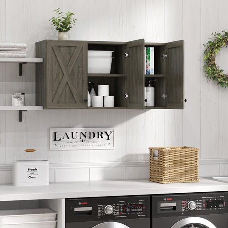 LED Laundry Wall Cabinets - Farmhouse Kitchen Wall Amount Storage Cabinets with 3 Doors and Shelves, 36inch Furnaza