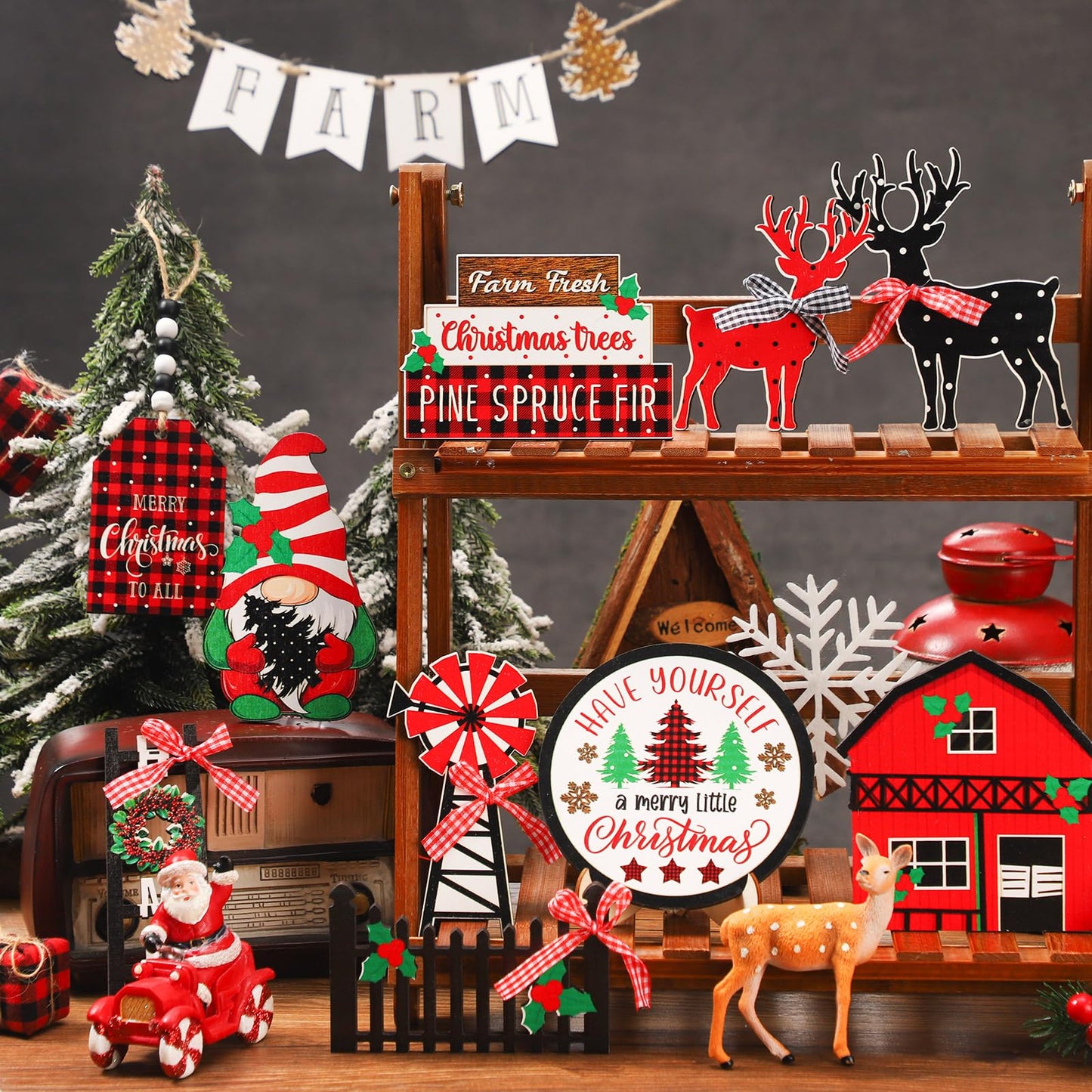 17 Pcs Christmas Tiered Tray Decor Christmas Decorations Christmas Tree Truck Elk Gnome Wood Sign Xmas Table Centerpiece Farmhouse Rustic Table Decor for Winter New Year Home Tabletop - WoodArtSupply