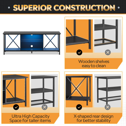 WLIVE TV Stand up to 65 Inch TV, 55" Entertainment Center with LED, Industrial TV Console with Glass Shelf for Living Room and Bedroom, Black - WoodArtSupply