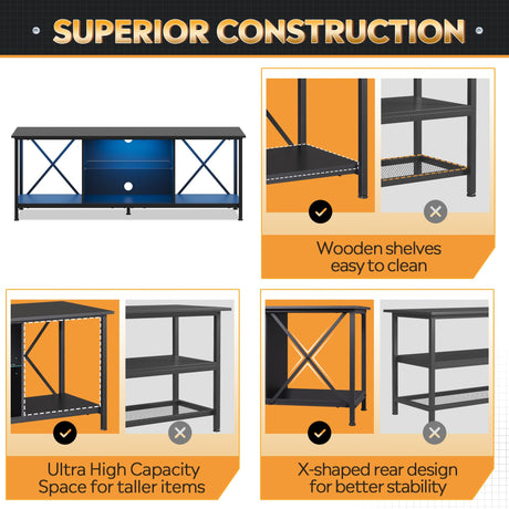 WLIVE TV Stand up to 65 Inch TV, 55" Entertainment Center with LED, Industrial TV Console with Glass Shelf for Living Room and Bedroom, Black WLIVE