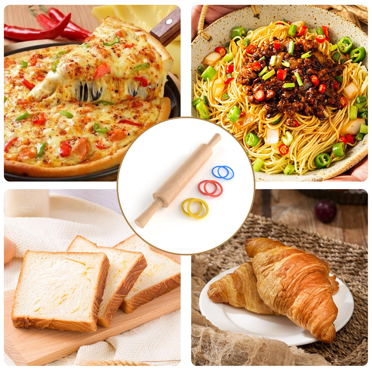 Mepple Classic Wooden Rolling Pin with Handle and Pastry Mat for Fondant, Pizza, Pies, Cookies, Rolling Pin for Baking with 3 Multi-Color Thickness Rings, 17" x 2.5" Natural Beechwood Rolling Pin Mepple