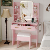 Small Vanity Desk with Mirror and Lights, Makeup Vanity with LED Lights, Pink Vanity Mirror with Lights Desk and Chair, 3 Lighting Adjustable Compact Vanity Mirror with Lights for Women, Girls HUANLEGO