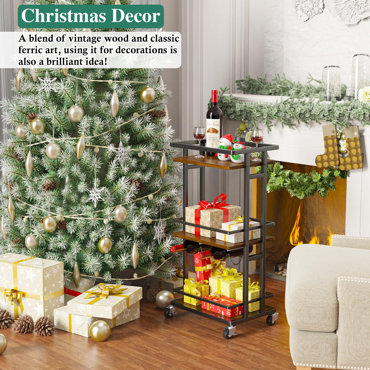 OKZEST 4-Tier Liquor Cabinet with Wine Rack, Mini Bar Cart for Home, Small Liquor Bar for Alcohol, Rolling Kitchen Serving Cart on Wheels, Wine Drink Cart for Party, Bar Stand for Small Space OKZEST