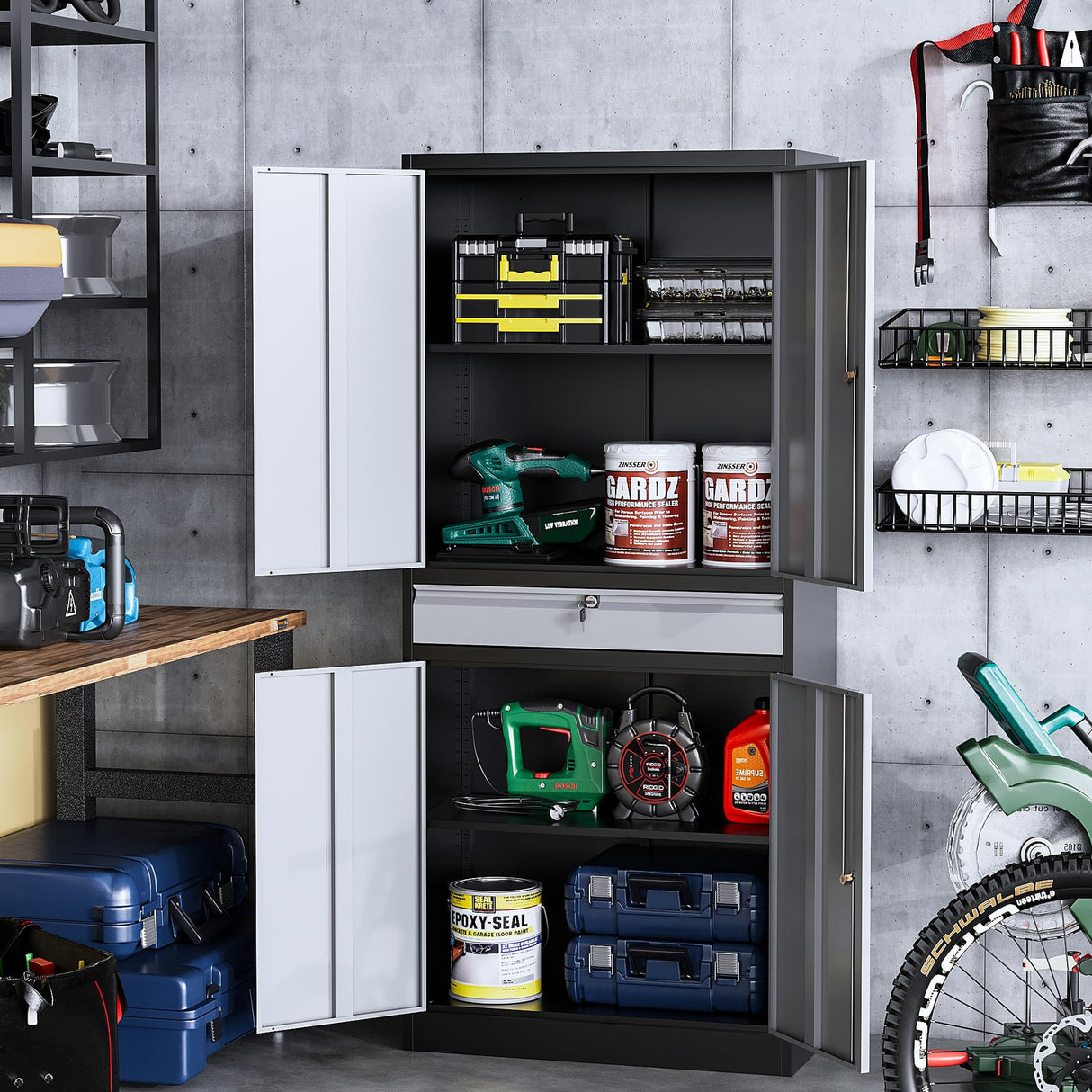 STANI Metal Garage Storage Cabinets with Drawer, 4 Doors Tool Storage Cabinet with 2 Adjustable Shelves, 71"-Lock Steel Locking Cabinet for Garage Utility Room Home Office (Black Grey, 0 Wheel-71 H) STANI