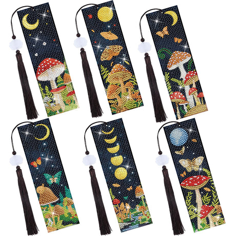 Sitsink Mushroom Diamond Art Kits - 6 Pcs Crescent Moon Mushroom Diamond Art Bookmarks with Tassels, Acrylic Bookmark Diamond Painting Kits for Adult, Boho Diamond Book Markers Sitsink