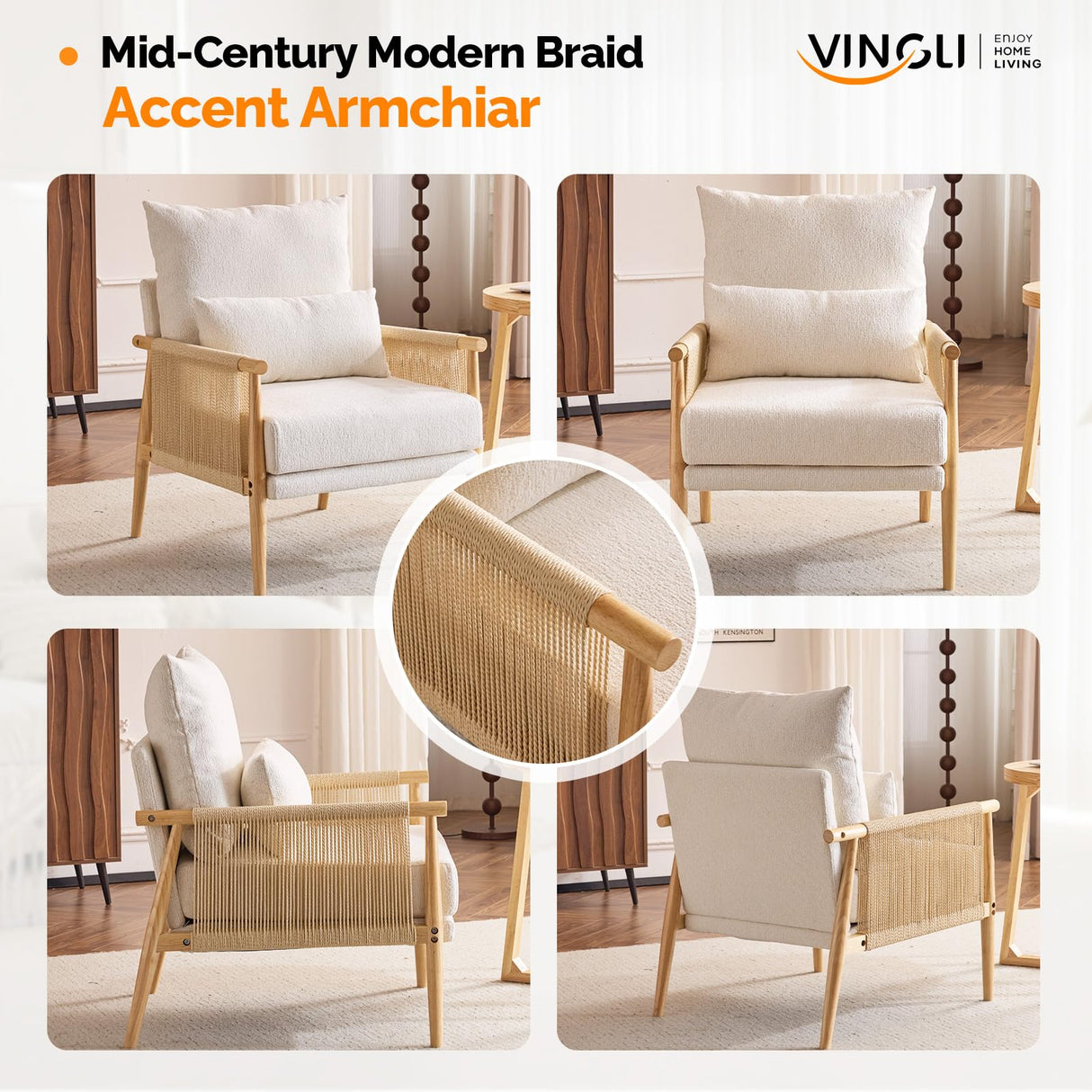 VINGLI Braid Accent Chairs Set of 2,Mid-Century Modern Armchiars with Solid Wooden Armrest,Comfy Louge Chairs with Waist Pillow for Bedroom,Living Room,Reading Room, Beige VINGLI