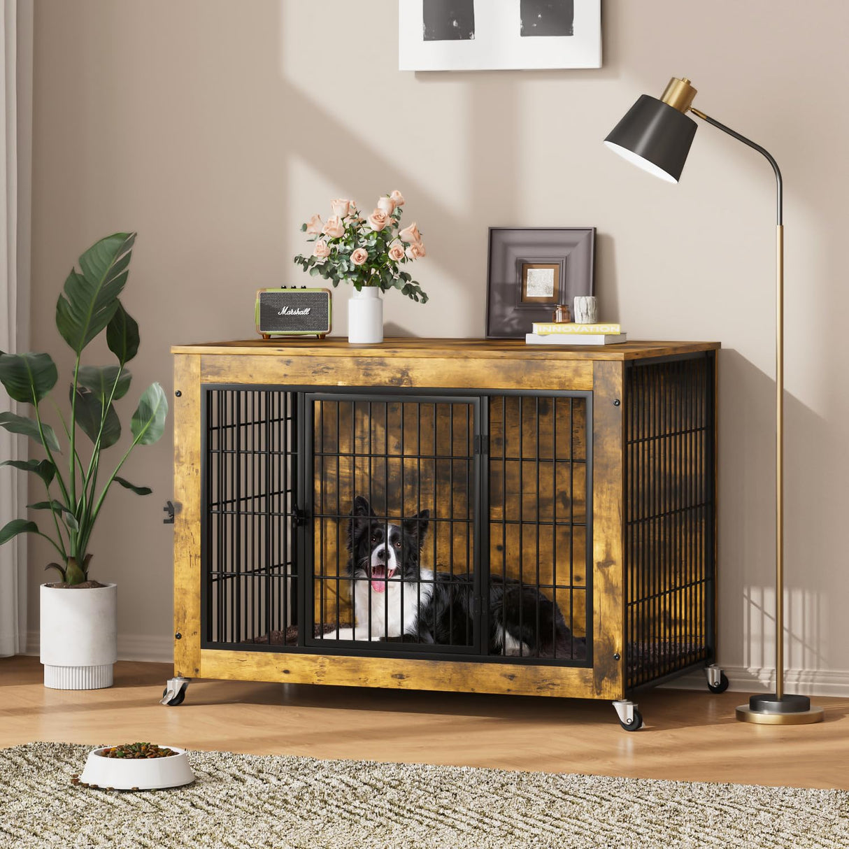 PRETZI Dog Crate Furniture with Cushion,38" Wooden Dog Crate nightstand with Double Doors, Brown Kennel Indoor with Wheels, Decorative Pet House for Small Medium PRETZI