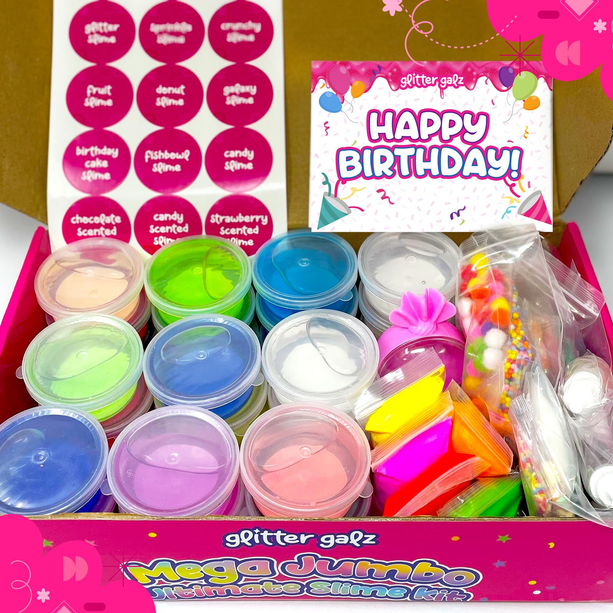 75-Pc Jumbo Mega Birthday Party Slime Favors Kit for Girls Ages 6 7 8 9 10, 11 and 12-30 DIY Slime Kit Soft, Color Slime Gels, Clear, Butter, Glitter, Crunchy, and Glow in Dark Slime Making Kits Glitter Galz