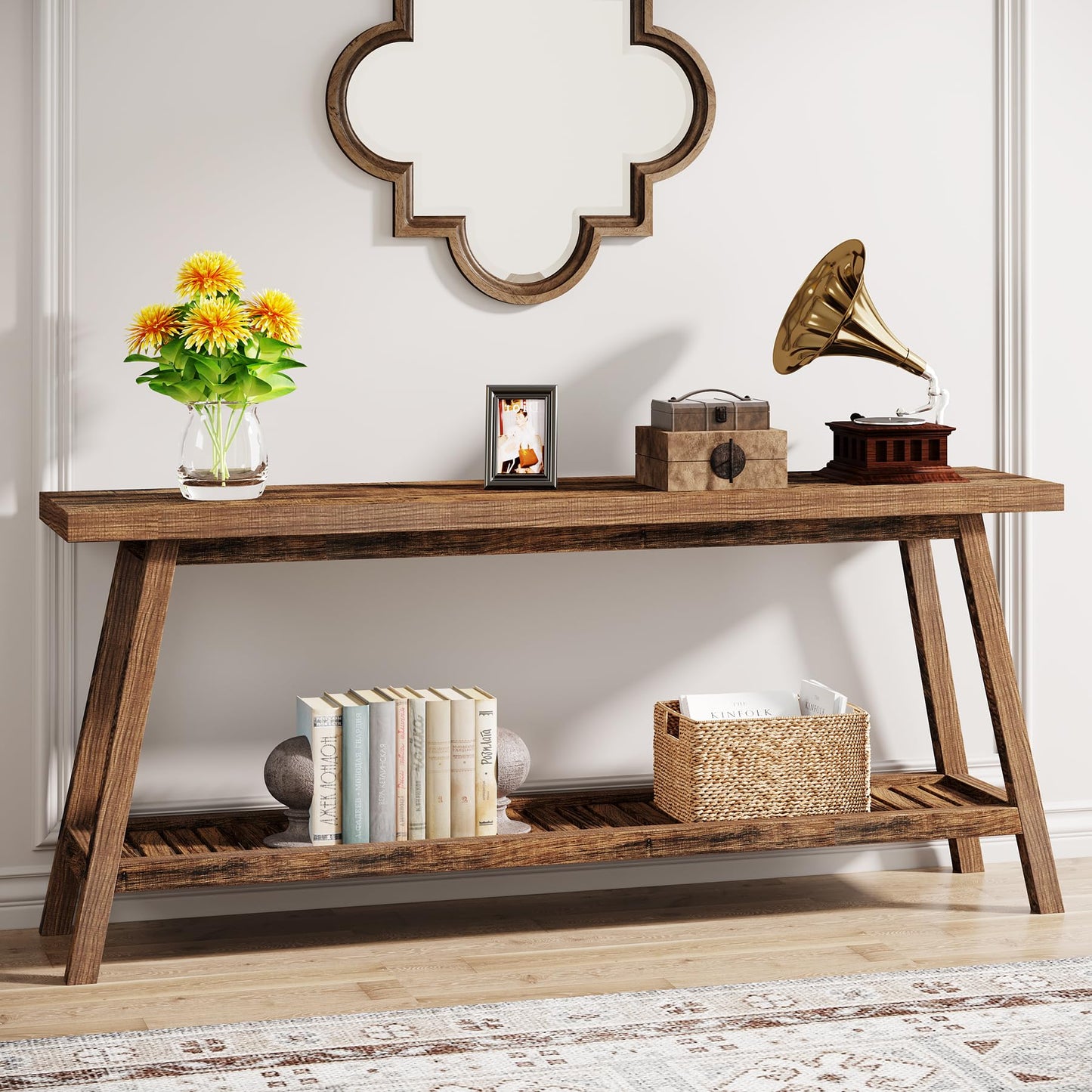 Tribesigns Farmhouse Console Entryway Table: 70.9 Inches All Wood Console Table for Entrance, 2 Tiers Narrow Long Behind Couch Sofa Table, Foyer Entry Table for Hallway, Living Room, Brown - WoodArtSupply