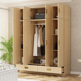 Hitow Armoire Wardrobe Closet with Hanging Rod, 2 Drawers & Shelves, 8-Door Wood Grain Wardrobe Closet with Top Cabinets, Free Standing Clothes Organizer Cabinet for Bedroom, Light Brown Hitow