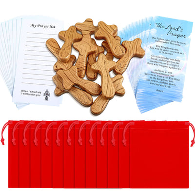 WILLBOND 12 Set Small Wooden Comfort Easter Pocket Crosses Hand Held with Red Velvet Pocket and Certificates 4 Inches Portable Holding Wooden Jesus Cross Gift for Prayer Men Christian Gift