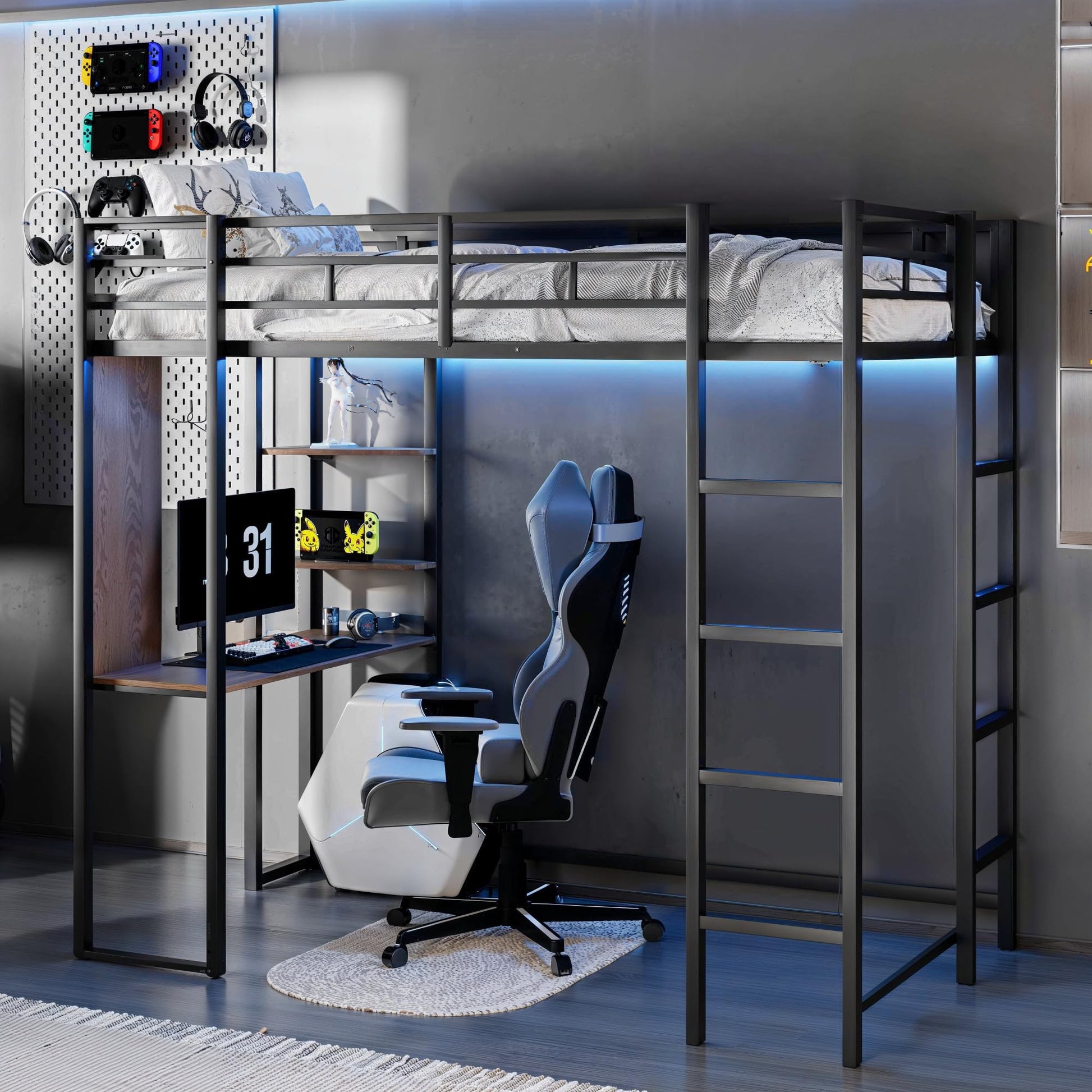 Merax Black Twin Metal Loft Bed with Desk and Shelves, Noise-Free Design - WoodArtSupply