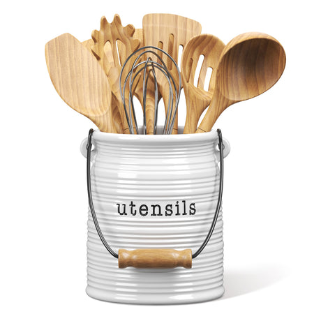Barnyard Designs Ceramic Farmhouse Kitchen Utensil Holder for Countertop, Decorative Large Kitchen Utensil Holder for Kitchen Counter, Utensil Crock Spatula Holder, 6" White Barnyard Designs