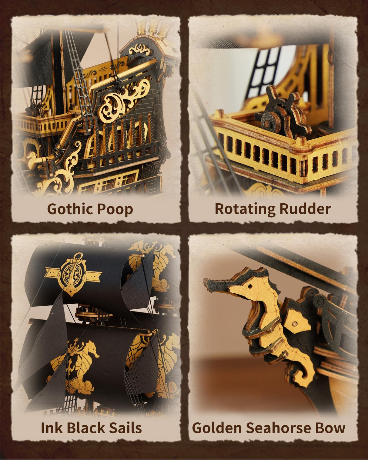 ROKR Seahorse Barque 3D Wooden Puzzle for Adult - Sailboat Model Kit, 603-Piece DIY Assembly, 1:100 Scale Sailboat MCB02 ROKR