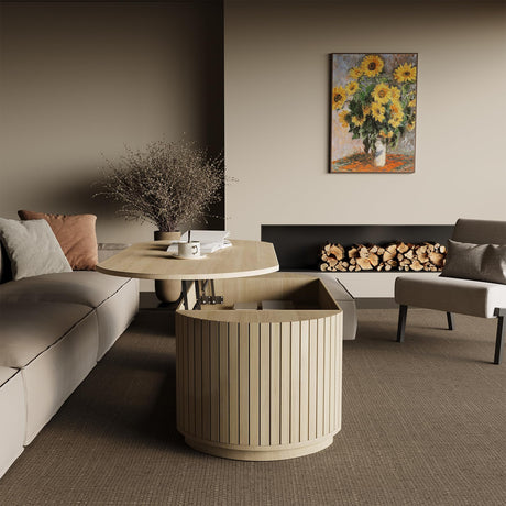 47-Inch Oval Lift Top Coffee Table with Storage Shelf for Living Room, Large Wooden Fluted Modern Center Table with 2 Tier Shelf, Modern Tea Tables with Hidden Compartment for Bedroom, Light Oak Epecoya