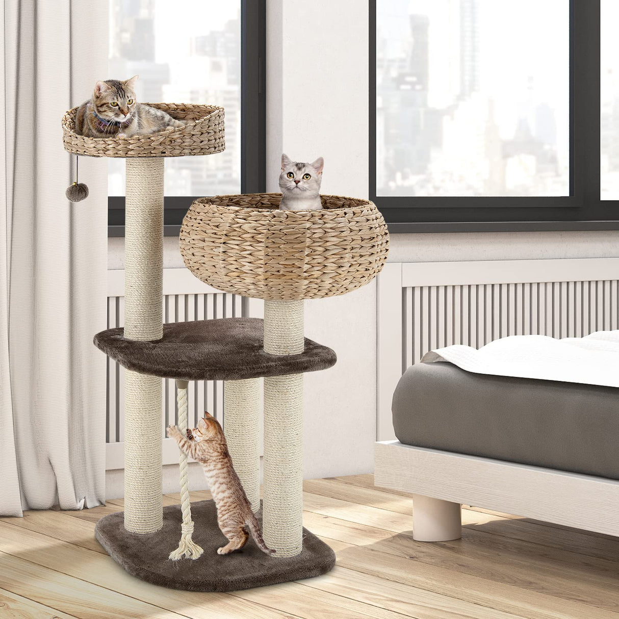 Tangkula Modern Cat Tree for Indoor Cats, Small/Tall Cat Tree with Natural Sisal Scratching Post, Hand-Made Wicker Cat Condo & Top Perch, Funny Hanging Toy Ball, Cute Cat Tree Tower for Large Cats Tangkula