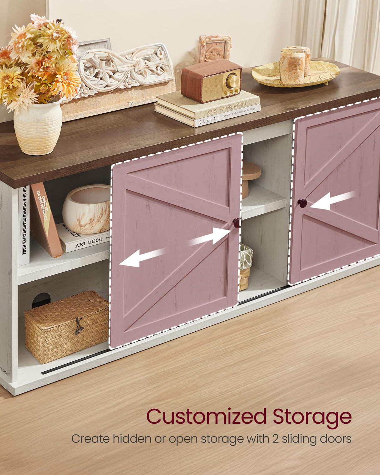 VASAGLE Farmhouse TV Stand for TVs up to 65 Inches, Entertainment Center with Storage Cabinets and Sliding Barn Doors, Media Console Table for Living Room, Rustic White and Honey Brown ULTV535W01 VASAGLE