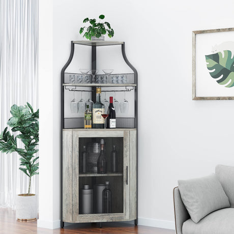 Amyove Corner Wine Bar Rack Cabinet with Detachable Wine Rack, Bar Cabinet with Glass Holder, Small Sideboard and Buffet Cabinet with Mesh Door Amyove
