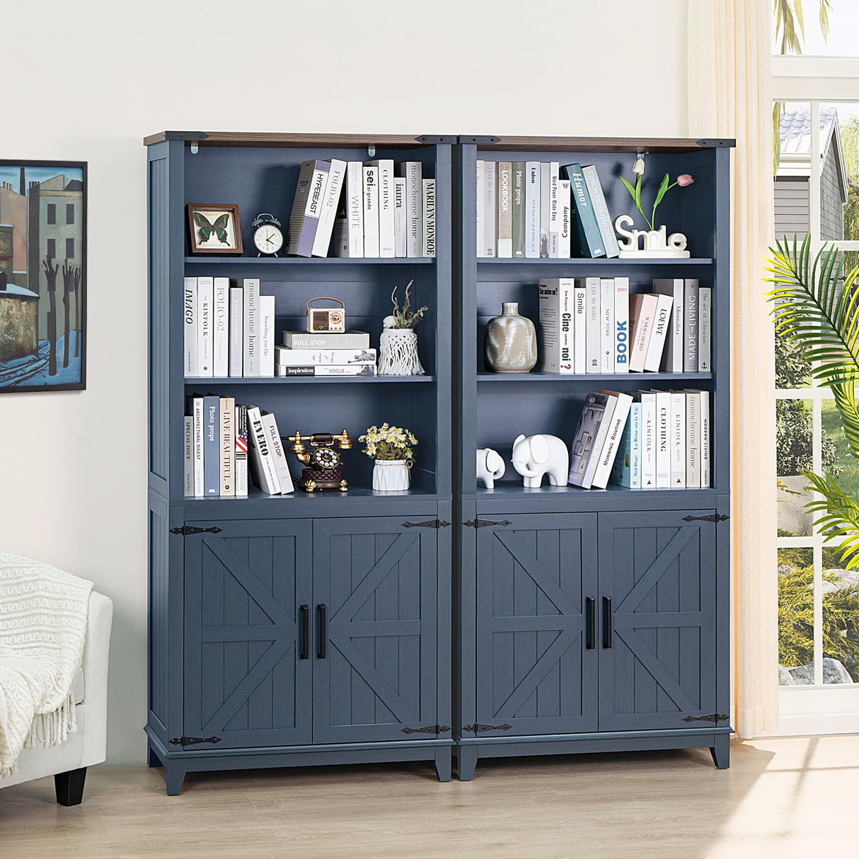 Joaxswe 70in Tall Bookshelf 5 Tier Bookcase with Barn Doors and Adjustable Shelves, Blue Farmhouse Book Shelf with Storage Cabinet, Wood Freestanding Display Bookshelves for Bedroom, Living Room Joaxswe
