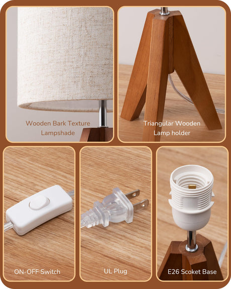 EDISHINE Tripod Table Lamp, Small Cute Bedside Lamp with Linen Beige Lampshade, Nightstand Lamp for Nursery, Bedroom, Kid Room, Living Room, Light Brown Wooden Base, E26 Socket, 14.2 Inch EDISHINE