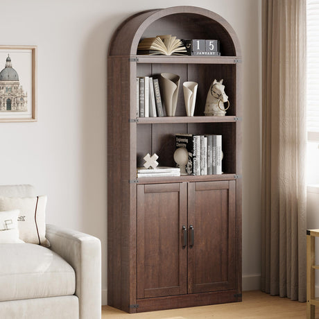 GarveeHome Bookcase with Doors Arched Bookshelf 71.65in Tall Bookcase Farmhouse Cabinet with Shelves Wooden Bookshelves for Home Office, Living Room (Reddish-Brown) GarveeHome