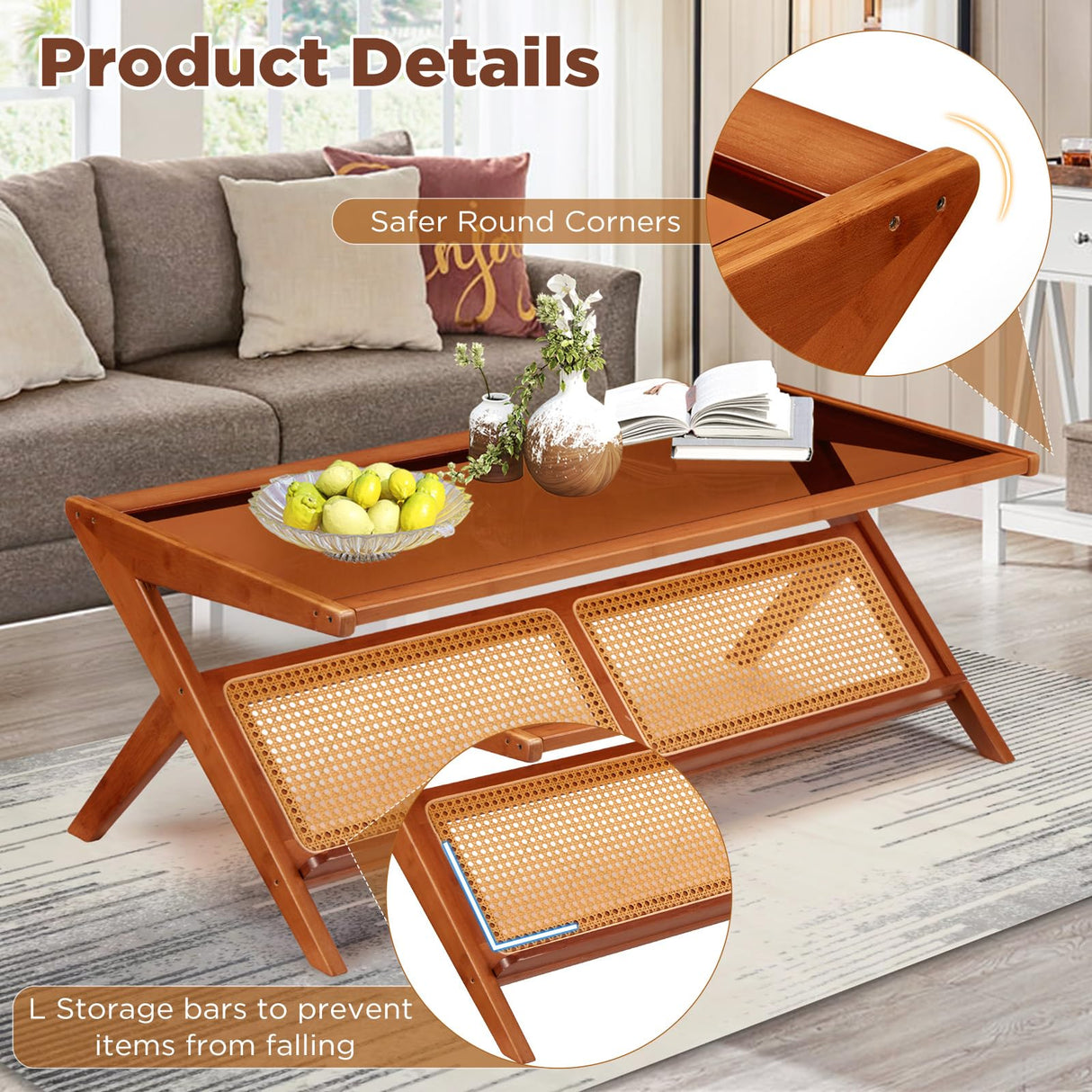 Danrelax 47" Mid-Century Modern Coffee Table with Glass Top, Bamboo Accent Bedside Tables, Glass Nightstand Side Table and Boho Wooden End Table with Storage for Living Room Table Brown Danrelax