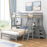 Merax Twin Over Full Bunk Bed with Ladder & Guardrails, Solid Wood Bunk Beds Frame with Built-in Desk and 3 Drawers, Split into Twin Size Loft Bed & Full Size Platform Bed, No Box Spring Needed, Gray Merax