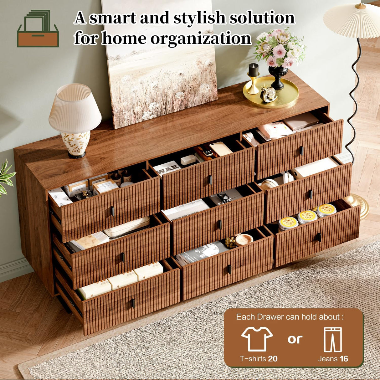 Chrangmay Modern Chest of Drawers with 9 Drawers,Deep Drawers,Clothes Organizer,Large Storage Cabinet for Living Room, Bedroom,Hallway,with Anti-Tipping Device, Walnut. Chrangmay