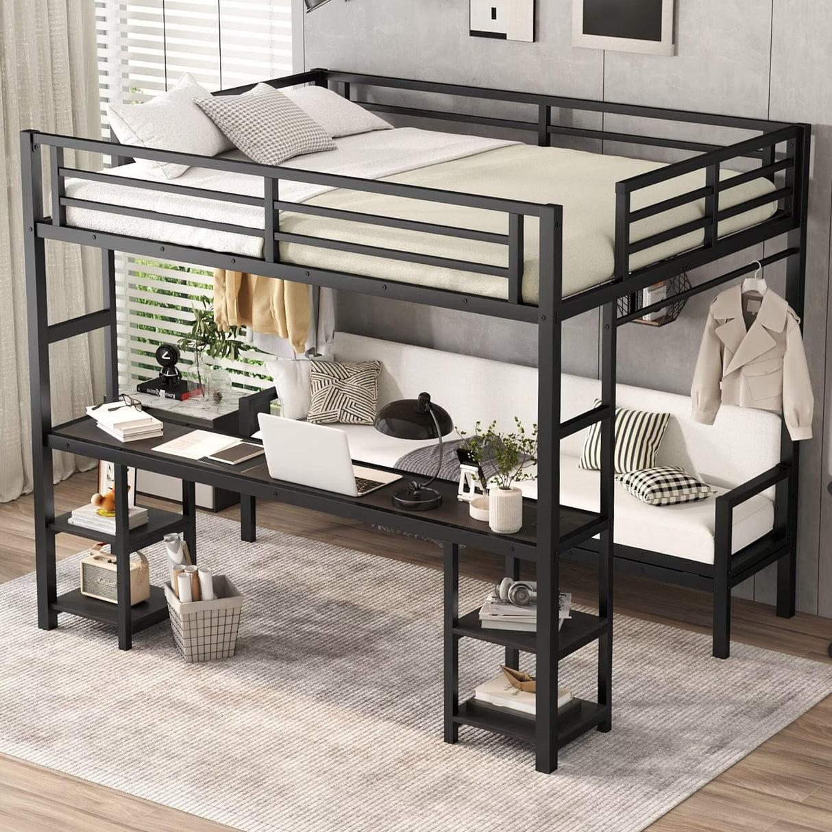 JIJIWANG Queen Over Twin XL Metal Bunk Bed/Loft Bed with Desk and Shelves, Multiple Uses Folds into Sofa with LED and USB, Safety Guard & Ladder, No Box Spring Needed, Black JIJIWANG