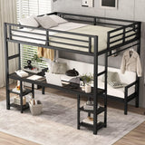 JIJIWANG Queen Over Twin XL Metal Bunk Bed/Loft Bed with Desk and Shelves, Multiple Uses Folds into Sofa with LED and USB, Safety Guard & Ladder, No Box Spring Needed, Black JIJIWANG