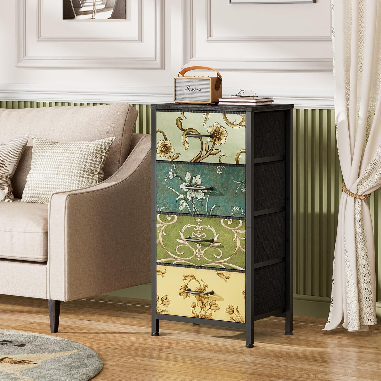 Furnulem 4 Drawer Dresser, Vertical Nightstand for Kids, Adult, Fabric Chest of Drawers for Bedroom, Living Room, Closet, Nusery, Storage Tower Unit Retro Style Furniture, Wood Desk Top Furnulem