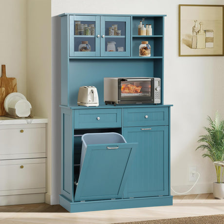 Ayiseedmid Tilt Out Trash Can Cabinet, Kitchen Pantry Cabinet, Tilt Out Laundry Hamper Cabinet with Hideaway Drawer, Recycling Freestanding Dog Food Storage Cabinet in Blue Ayiseedmid