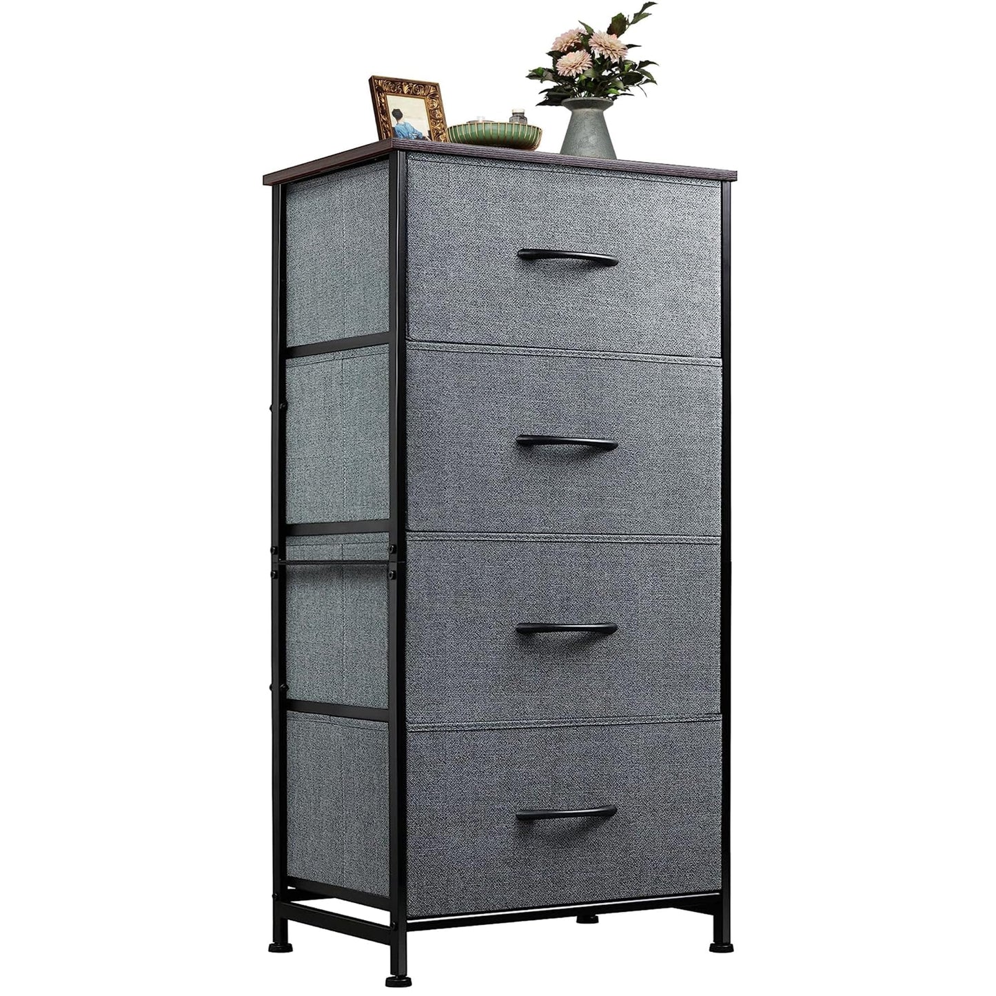 WLIVE Dresser with 4 Drawers, Storage Tower, Organizer Unit, Fabric Dresser for Bedroom, Hallway, Entryway, Closets, Sturdy Steel Frame, Wood Top, Easy Pull Handle, Dark Grey