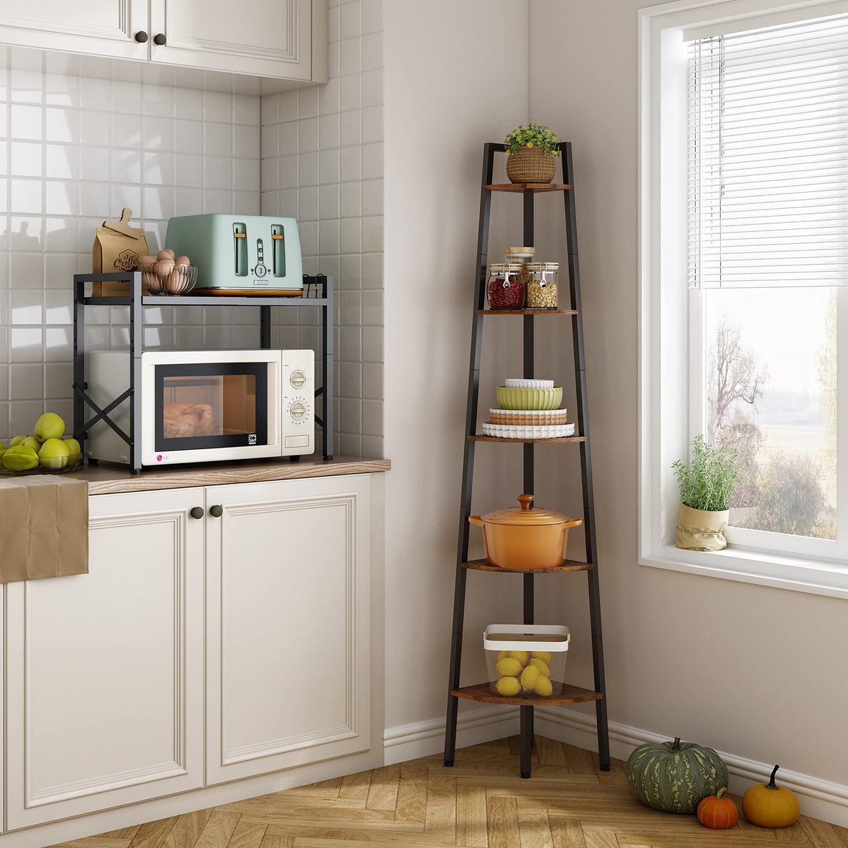 Hoctieon 5-Tier Rustic Brown Corner Shelf - Industrial Ladder Display Rack for Small Spaces Hoctieon