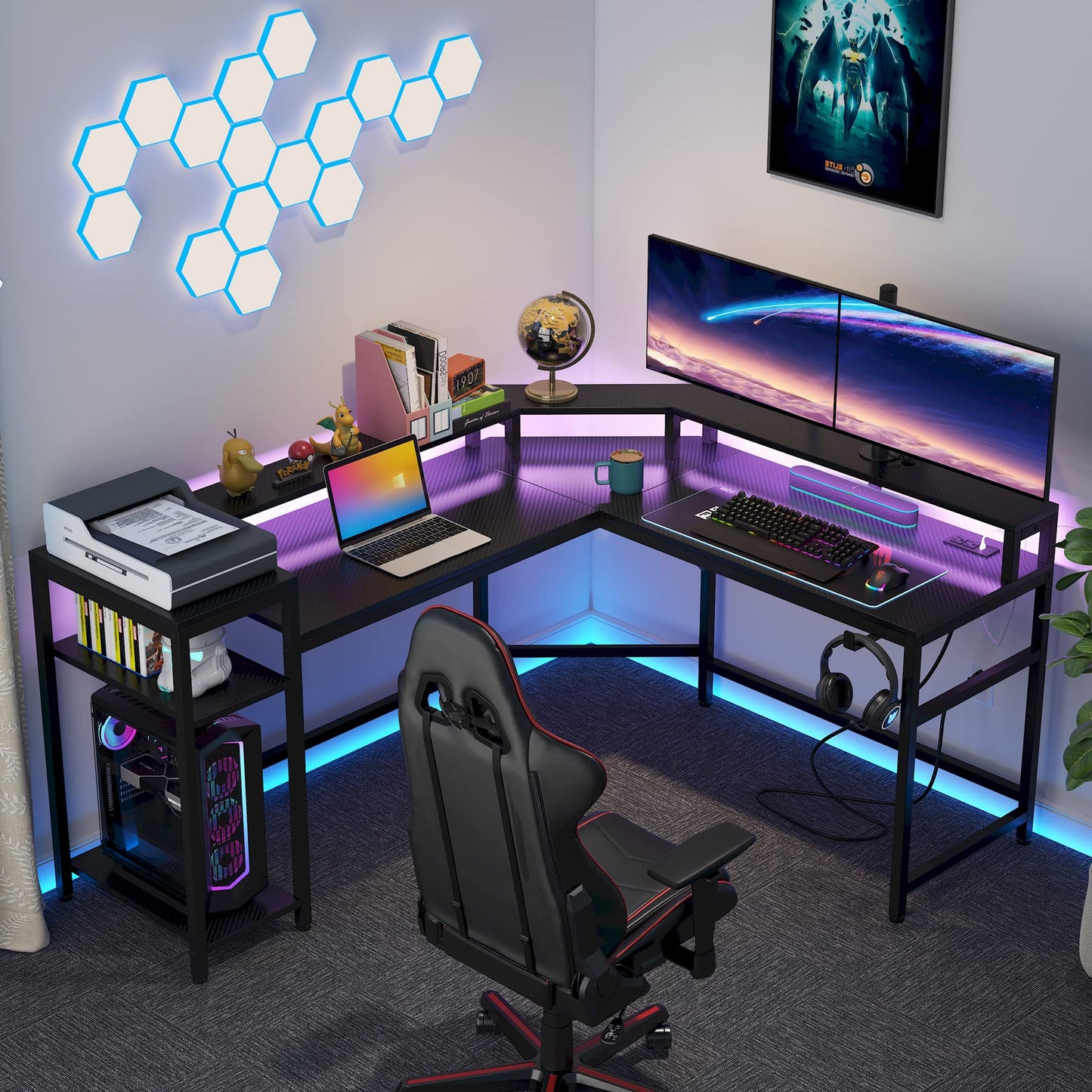 Tribesigns L-Shaped Gaming Desk with Power Outlets & LED Strips, L-Shaped Computer Desk with Storage Shelves, Corner Computer Desk with Monitor Stand, Black Modern Writing Desk Home Office, G - WoodArtSupply