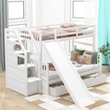 SOFTSEA Twin Over Full Bunk Bed with Storage Stairs, Slide, and Drawers in White SOFTSEA