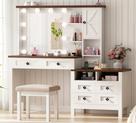 ANWBROAD Farmhouse Makeup Vanity Desk with Mirror and Light, 55.1'' Vanity Desk Set with 6 Drawers Storage Cabinet Stool 3 Colors Dimming Lights Adjustable Antique White UBDT75W ANWBROAD