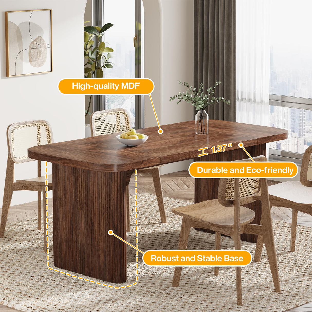 Tribesigns Dining Table for 4-6, Rectangular Wood Kitchen Table with Double Pedestal, 62-Inch Dinner Table for Dining Room, Living Room, Easy Assembly, Only Table (Dark Brown) Tribesigns