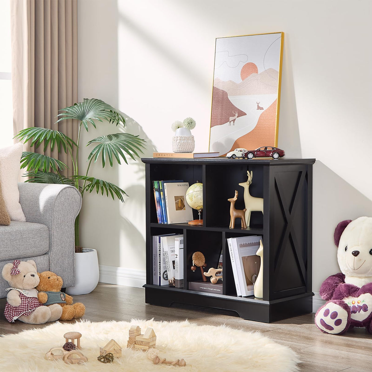 Farmhouse 5 Cube Bookshelf, Black Storage Organizer Bookcase, Kids Toy Storage Cabinet, Small Bookshelves Storage Organizer Shelf, Wood Display Cabinet Book Shelves for Bedroom,Living Room,Office FFBCFDK