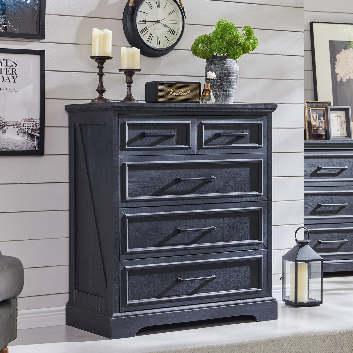 ACCOHOHO Farmhouse 5 Drawer Dresser for Bedroom, 36 Inch Tall Modern Chest of Drawers, Rustic Wood Storgae Organizer with Large Drawers & Bar Handles for Bedroom, Living Room, Hallway, Black ACCOHOHO