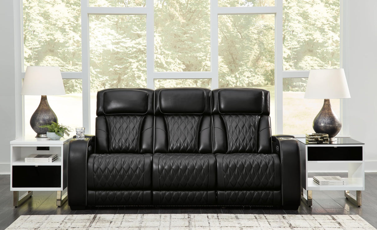 Signature Design by Ashley Boyington Contemporary Leather Match Power Reclining Sofa with Adjustable Headrest, Cup Holder, USB Charging Ports, Air Massage System and LED Lighting, Black Signature Design by Ashley