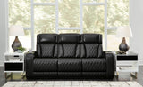 Signature Design by Ashley Boyington Contemporary Leather Match Power Reclining Sofa with Adjustable Headrest, Cup Holder, USB Charging Ports, Air Massage System and LED Lighting, Black Signature Design by Ashley