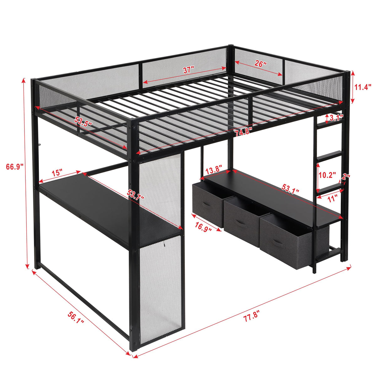Polibi Full Size Metal Gaming Loft Bed with LED Lights/Desk/Open Wardrobe and 3 Linen Storage Drawers,Loft Bed Frame with Mesh Guardrail and Ladder,Black Polibi