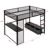 Polibi Full Size Metal Gaming Loft Bed with LED Lights/Desk/Open Wardrobe and 3 Linen Storage Drawers,Loft Bed Frame with Mesh Guardrail and Ladder,Black Polibi