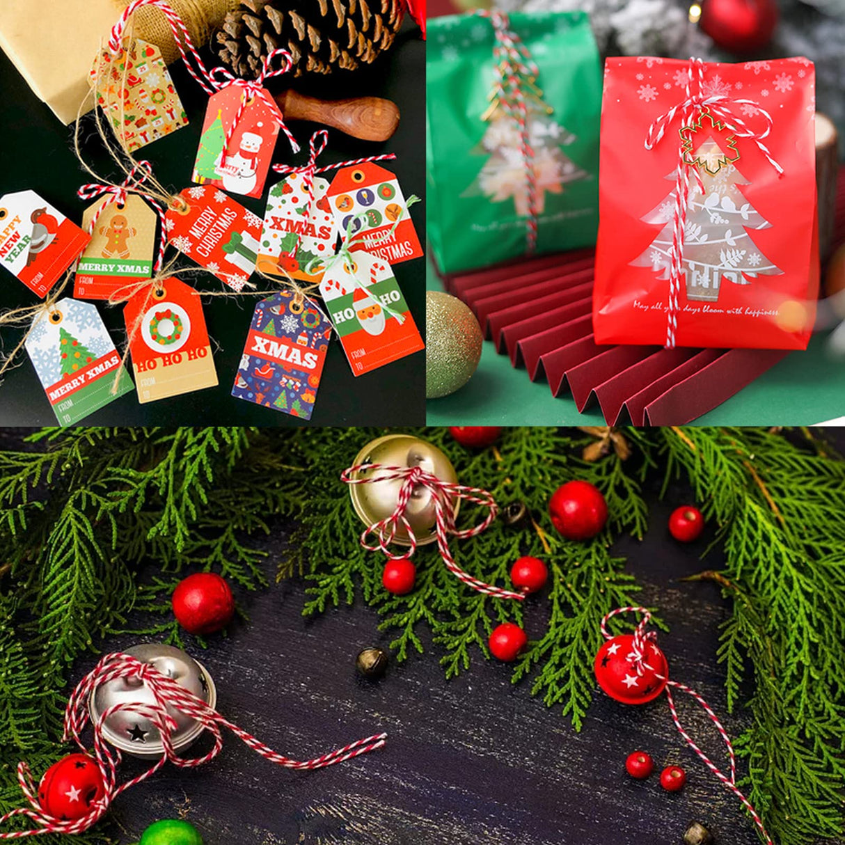 Benvo Pack of 2 Green White Cotton Twine and Red White Packing String Christmas Xmas Twine Rope Ribbon Cord for Baking, Butchers, DIY Crafts Wrapping Ornaments Hanging 656 ft Long Benvo